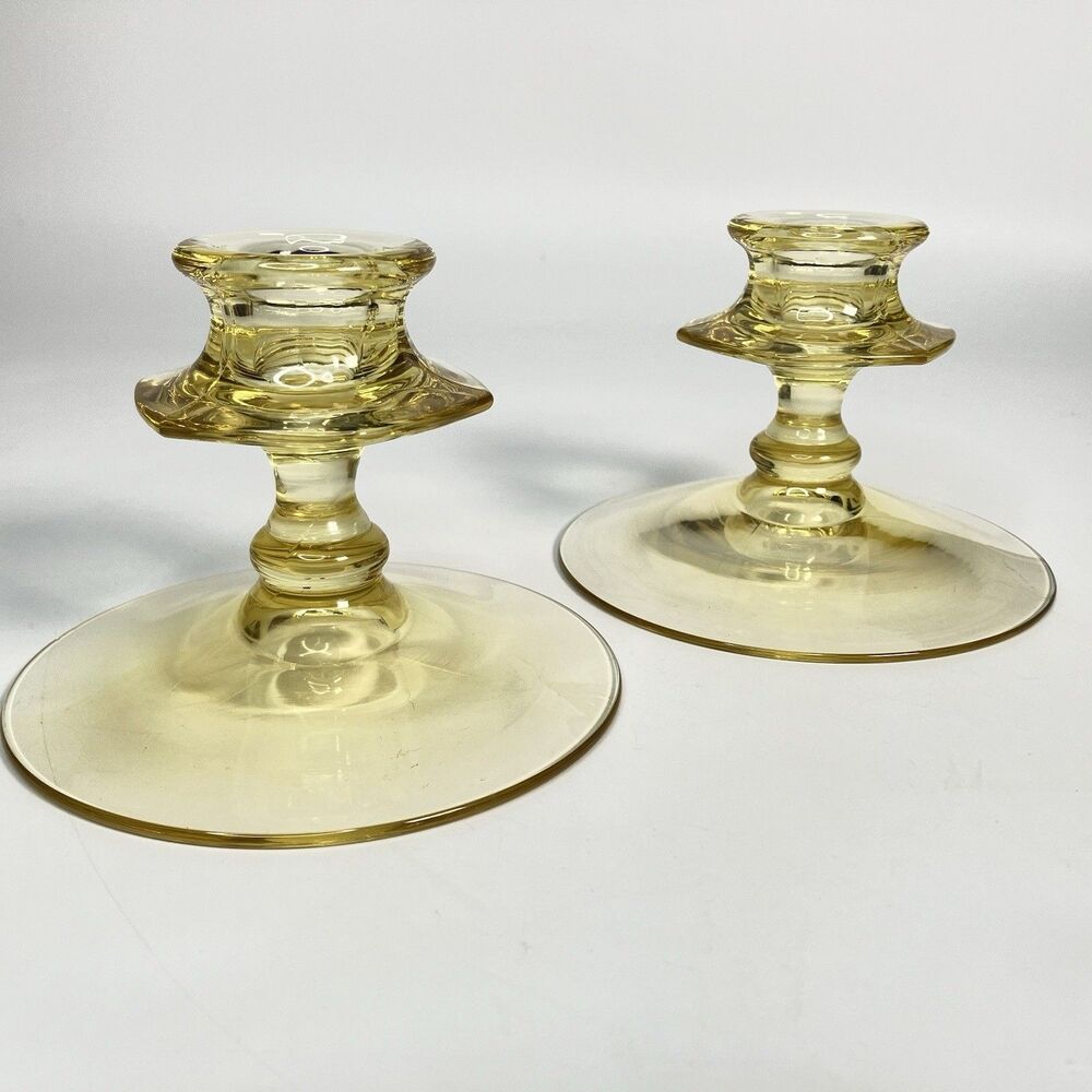 Pair Vtg Fostoria Topaz Yellow Glass Candle Holders 3.5" Low Mushroom Style